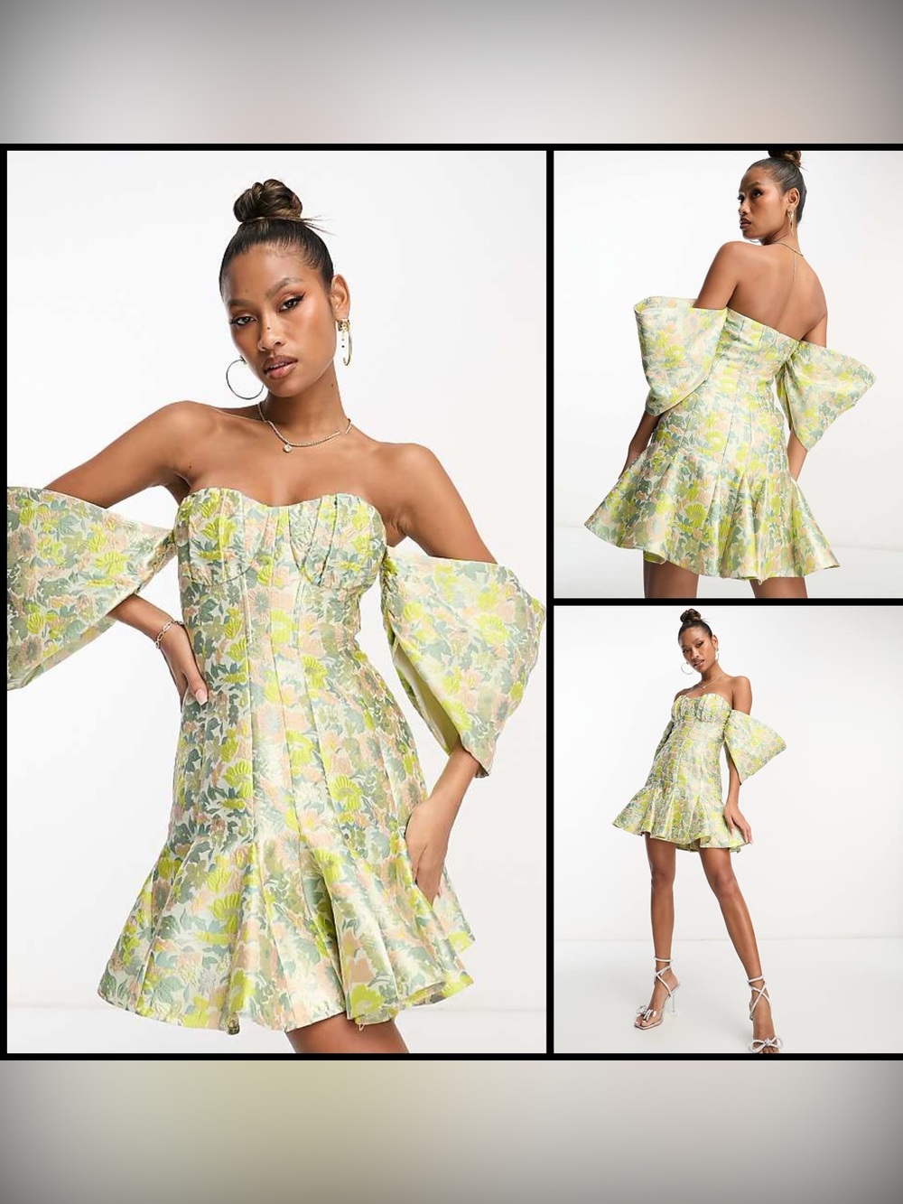 ASOS LUXE Floral Jacquard Off-Shoulder Mini Dress | Corset Godet Flared Skirt 14